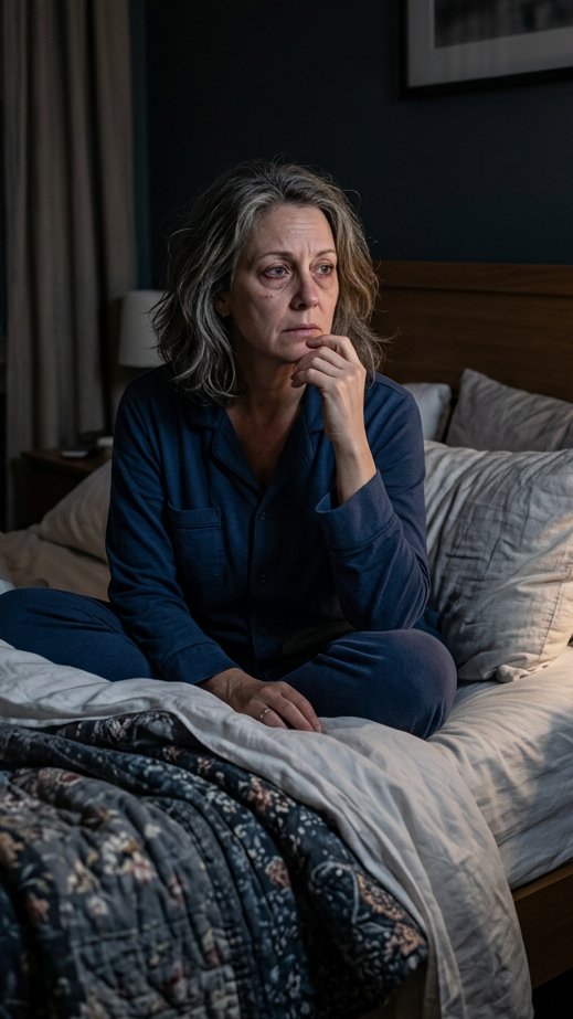 Woman unable to sleep, sitting up in bed at night
